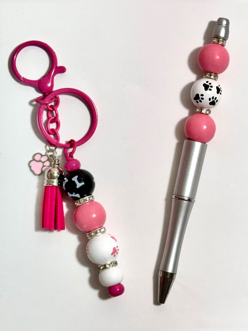Hand Crafted Pink Paw Print Pen & Matching Keychain Gift Set